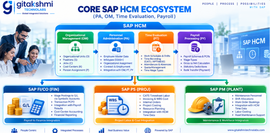SAP HCM enterprise deployment architecture comparison between SAP ECC 6.0, SAP S/4HANA HCM and SAP SuccessFactors across database, processing, user experience, analytics and lifecycle dimensions