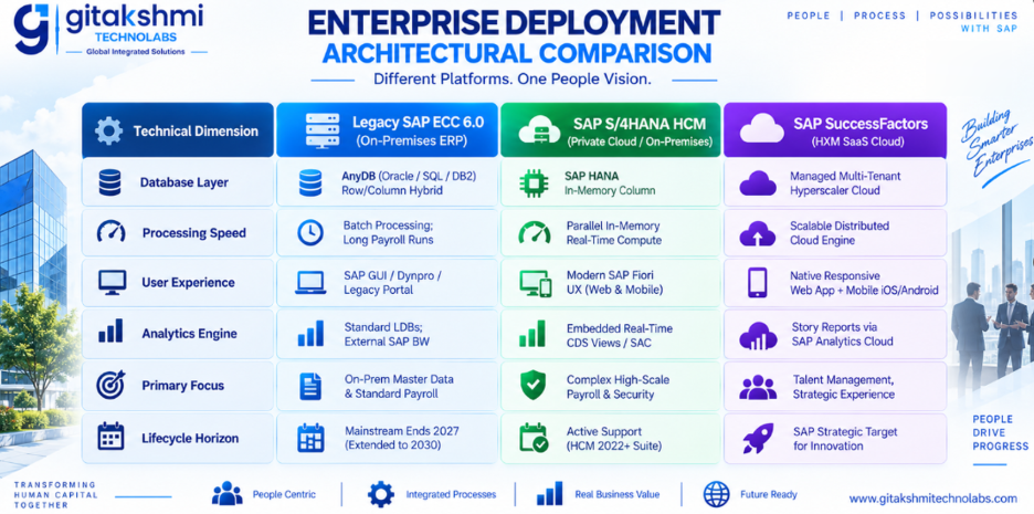 Hybrid SAP HCM operating model connecting SAP SuccessFactors talent and employee experience applications with SAP S/4HANA HCM core payroll, master data, time management and compliance