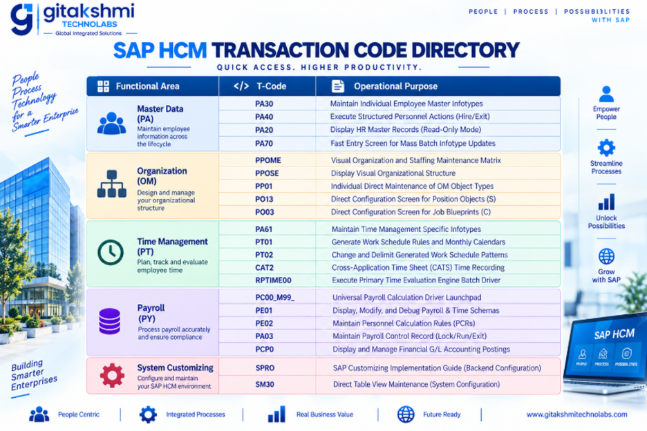 SAP HCM transaction code reference showing key T-Codes for Personnel Administration, Organizational Management, Time Management, Payroll and system customizing